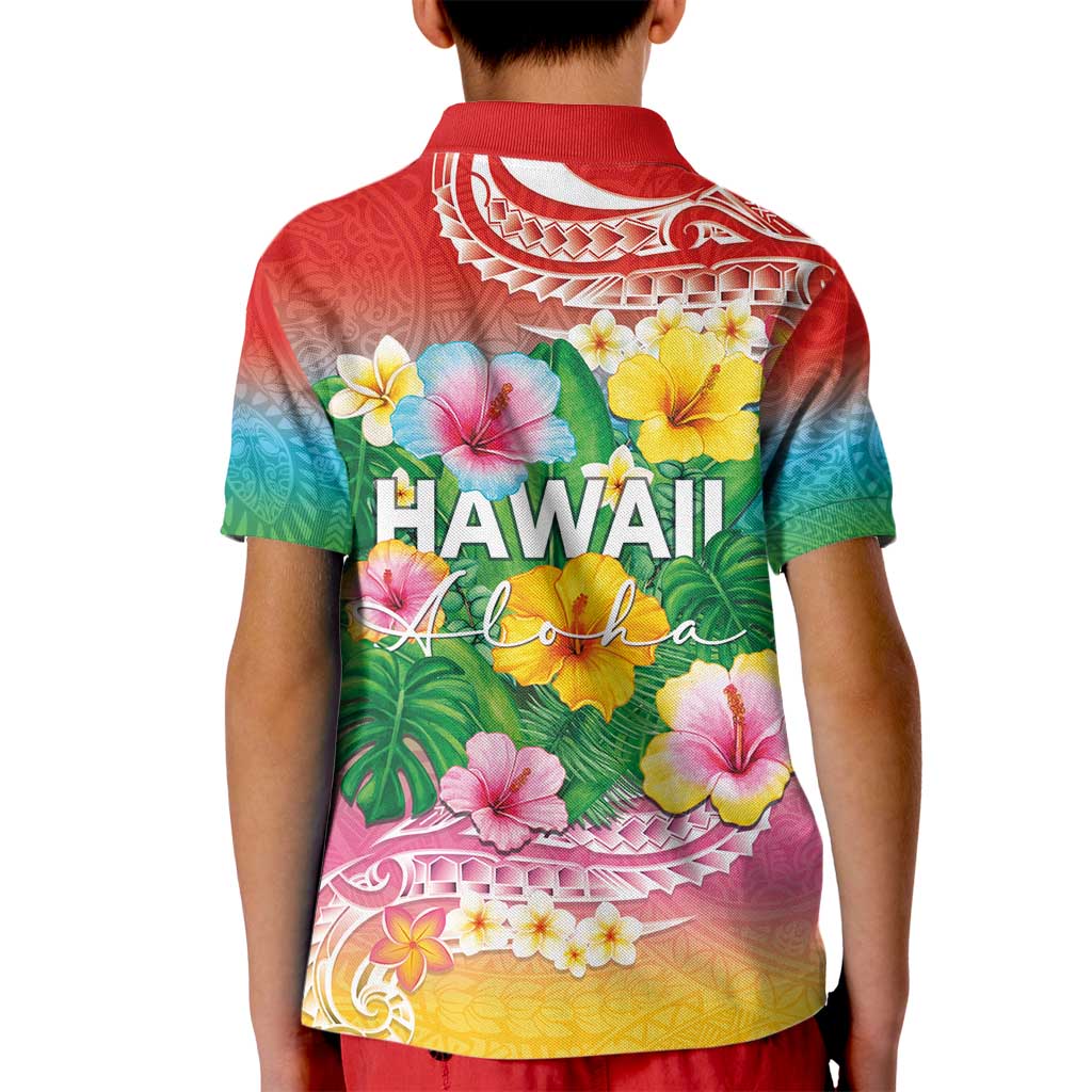 Hawaii Aloha Tropical Leaves and Flower Kid Polo Shirt with Polynesian Art Tattoo Rainbow Color - Polynesian Pride