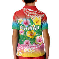 Hawaii Aloha Tropical Leaves and Flower Kid Polo Shirt with Polynesian Art Tattoo Rainbow Color - Polynesian Pride