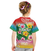 Hawaii Aloha Tropical Leaves and Flower Kid T Shirt with Polynesian Art Tattoo Rainbow Color - Polynesian Pride