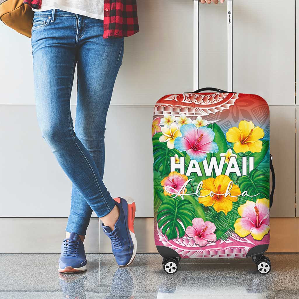 Hawaii Aloha Tropical Leaves and Flower Luggage Cover with Polynesian Art Tattoo Rainbow Color - Polynesian Pride