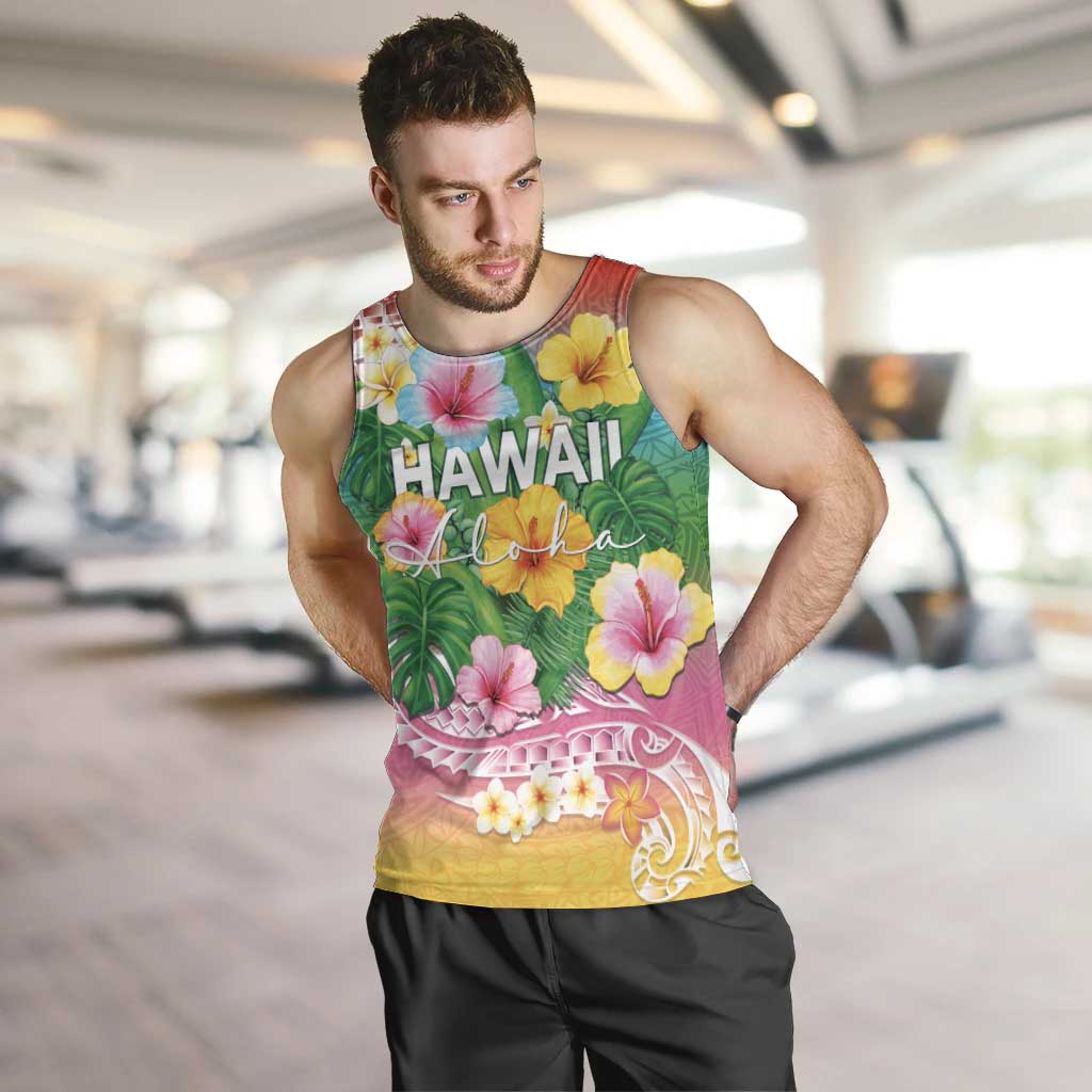 Hawaii Aloha Tropical Leaves and Flower Men Tank Top with Polynesian Art Tattoo Rainbow Color - Polynesian Pride