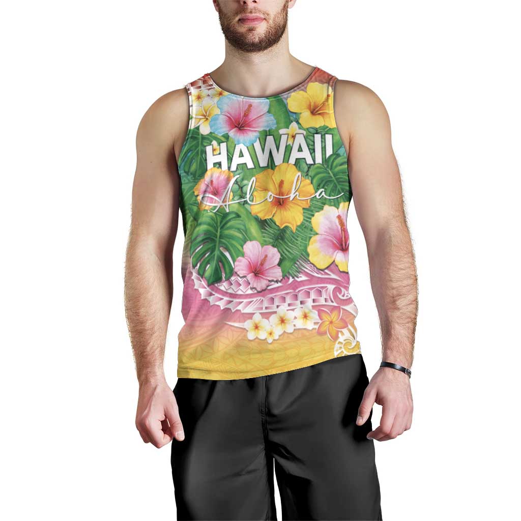 Hawaii Aloha Tropical Leaves and Flower Men Tank Top with Polynesian Art Tattoo Rainbow Color - Polynesian Pride
