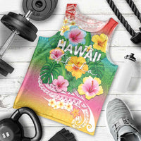 Hawaii Aloha Tropical Leaves and Flower Men Tank Top with Polynesian Art Tattoo Rainbow Color - Polynesian Pride