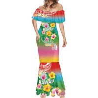 Hawaii Aloha Tropical Leaves and Flower Mermaid Dress with Polynesian Art Tattoo Rainbow Color - Polynesian Pride
