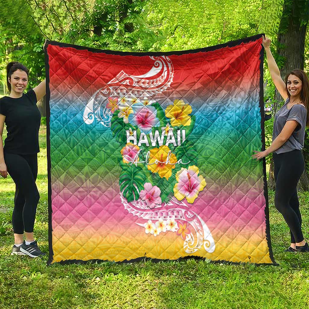 Hawaii Aloha Tropical Leaves and Flower Quilt with Polynesian Art Tattoo Rainbow Color - Polynesian Pride