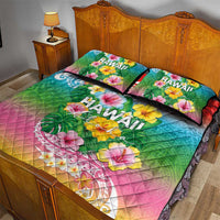 Hawaii Aloha Tropical Leaves and Flower Quilt Bed Set with Polynesian Art Tattoo Rainbow Color - Polynesian Pride