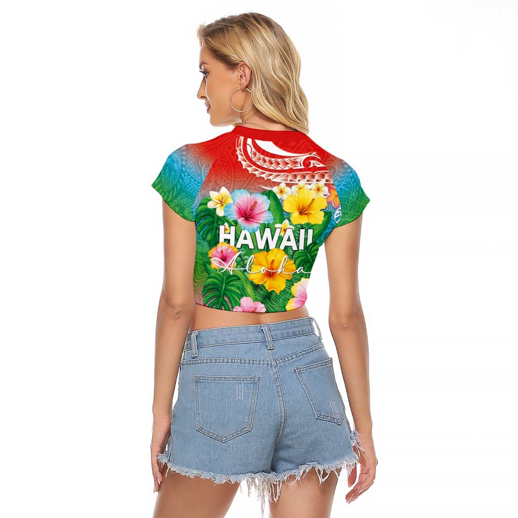 Hawaii Aloha Tropical Leaves and Flower Raglan Cropped T Shirt with Polynesian Art Tattoo Rainbow Color - Polynesian Pride