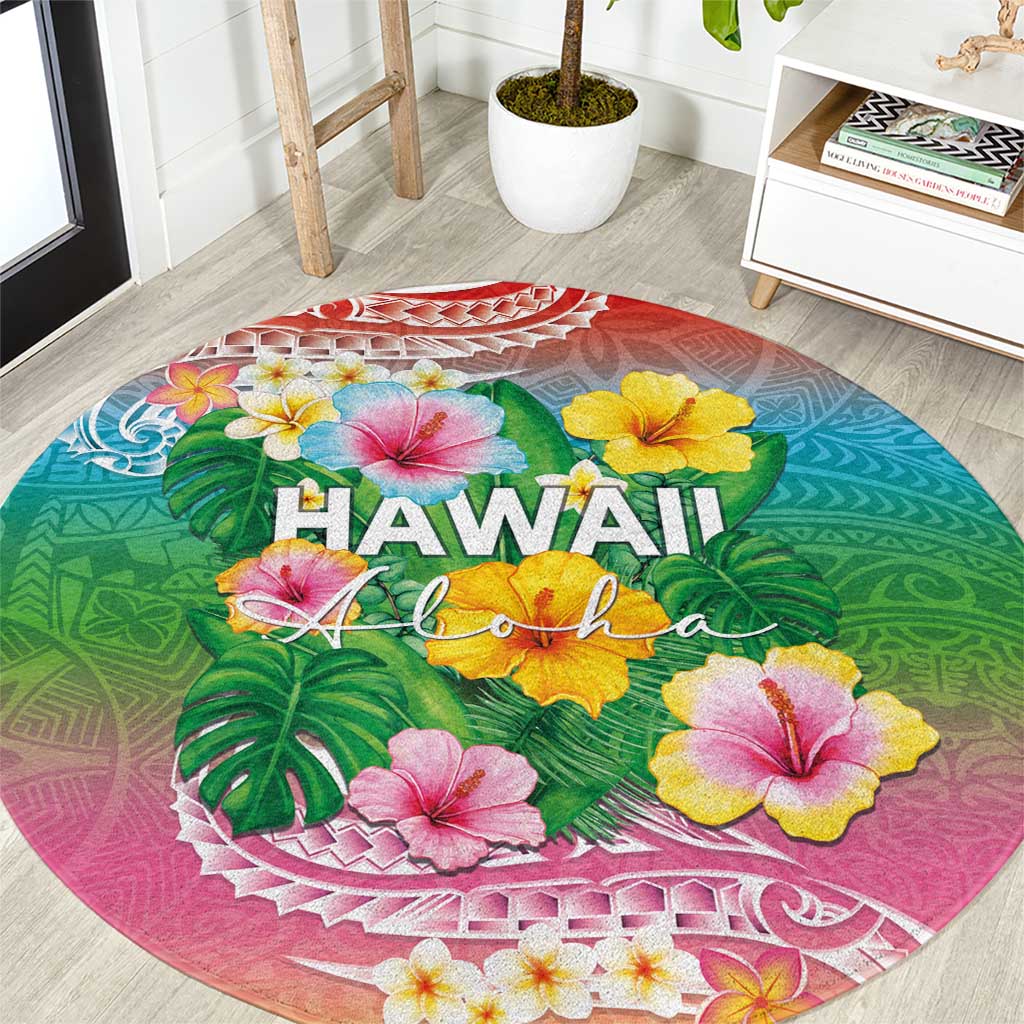 Hawaii Aloha Tropical Leaves and Flower Round Carpet with Polynesian Art Tattoo Rainbow Color - Polynesian Pride