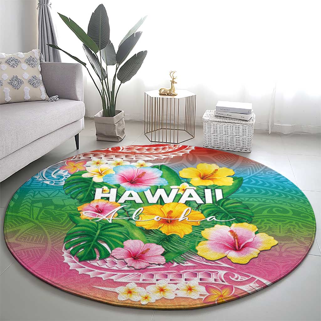 Hawaii Aloha Tropical Leaves and Flower Round Carpet with Polynesian Art Tattoo Rainbow Color - Polynesian Pride