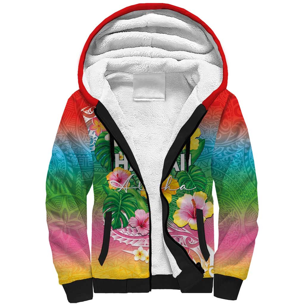 Hawaii Aloha Tropical Leaves and Flower Sherpa Hoodie with Polynesian Art Tattoo Rainbow Color - Polynesian Pride