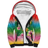 Hawaii Aloha Tropical Leaves and Flower Sherpa Hoodie with Polynesian Art Tattoo Rainbow Color - Polynesian Pride