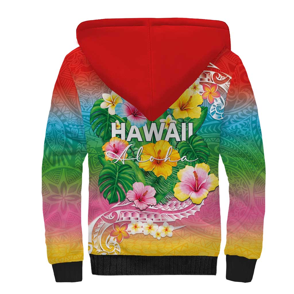 Hawaii Aloha Tropical Leaves and Flower Sherpa Hoodie with Polynesian Art Tattoo Rainbow Color - Polynesian Pride