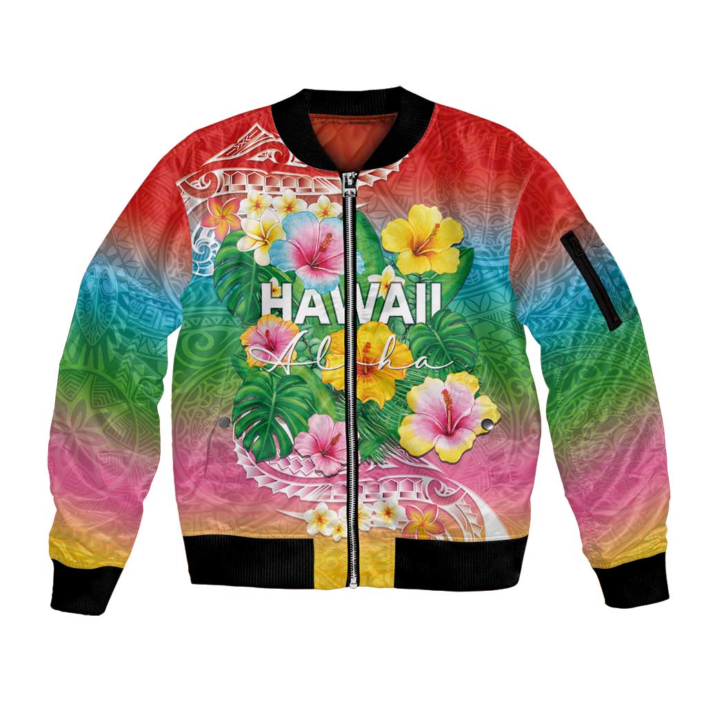 Hawaii Aloha Tropical Leaves and Flower Sleeve Zip Bomber Jacket with Polynesian Art Tattoo Rainbow Color - Polynesian Pride