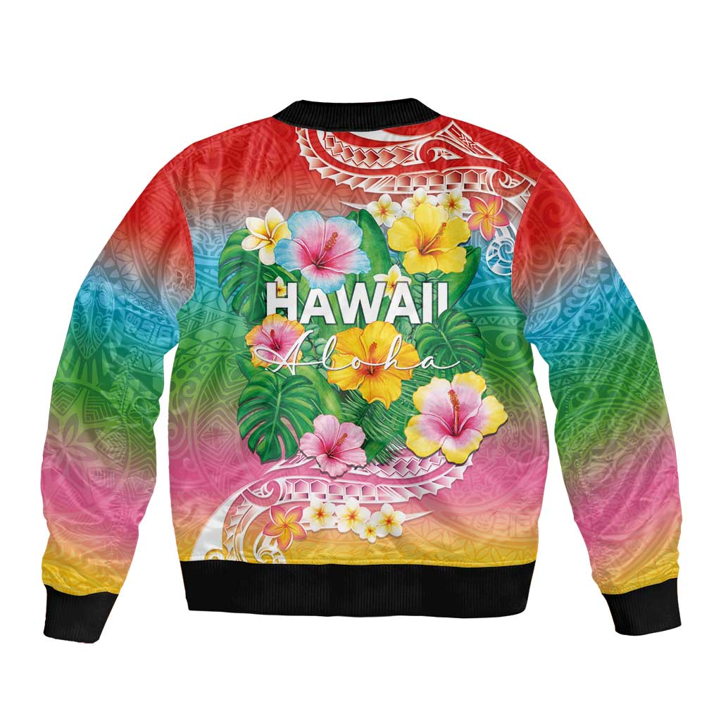Hawaii Aloha Tropical Leaves and Flower Sleeve Zip Bomber Jacket with Polynesian Art Tattoo Rainbow Color - Polynesian Pride
