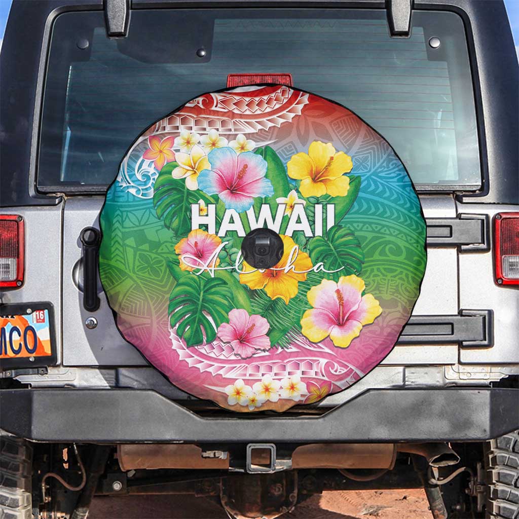 Hawaii Aloha Tropical Leaves and Flower Spare Tire Cover with Polynesian Art Tattoo Rainbow Color - Polynesian Pride
