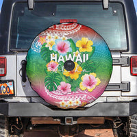 Hawaii Aloha Tropical Leaves and Flower Spare Tire Cover with Polynesian Art Tattoo Rainbow Color - Polynesian Pride
