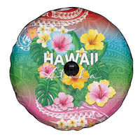 Hawaii Aloha Tropical Leaves and Flower Spare Tire Cover with Polynesian Art Tattoo Rainbow Color - Polynesian Pride