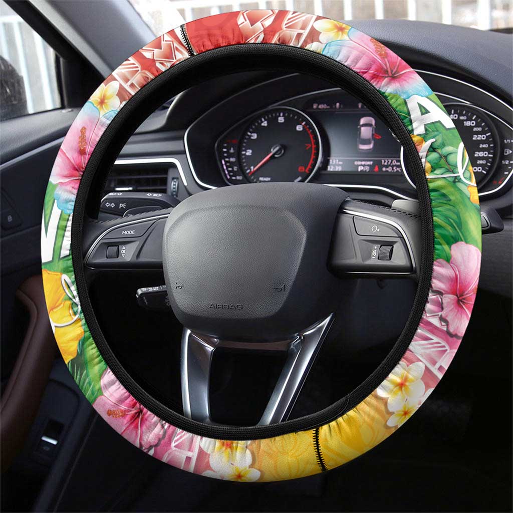 Hawaii Aloha Tropical Leaves and Flower Steering Wheel Cover with Polynesian Art Tattoo Rainbow Color - Polynesian Pride