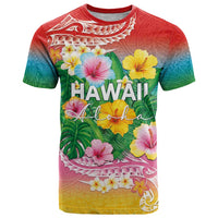 Hawaii Aloha Tropical Leaves and Flower T Shirt with Polynesian Art Tattoo Rainbow Color - Polynesian Pride