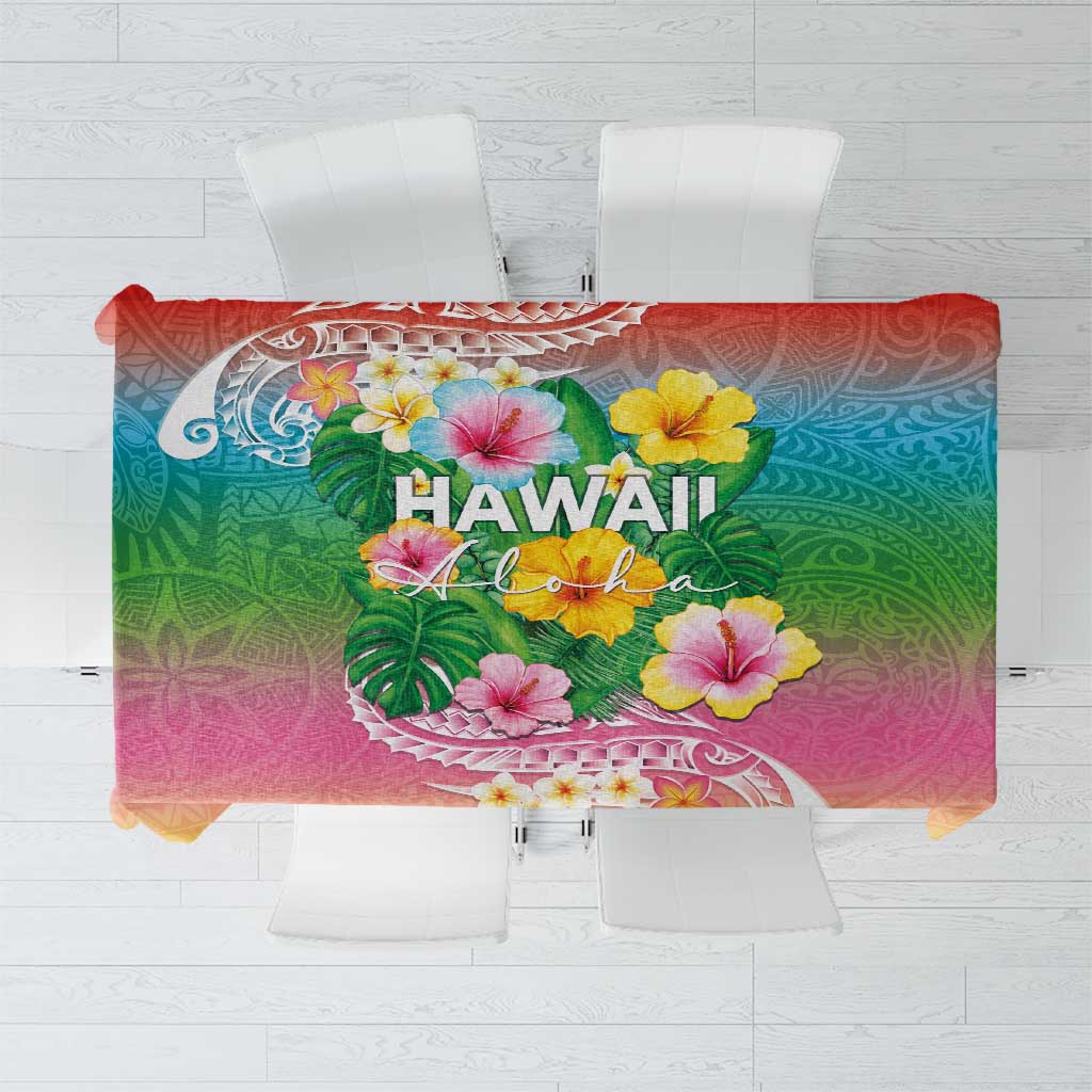 Hawaii Aloha Tropical Leaves and Flower Tablecloth with Polynesian Art Tattoo Rainbow Color - Polynesian Pride