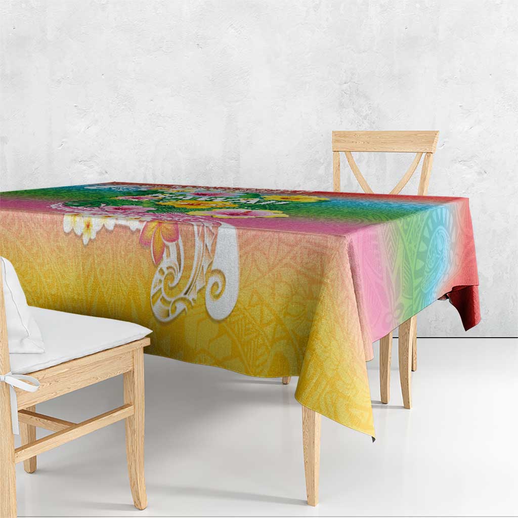 Hawaii Aloha Tropical Leaves and Flower Tablecloth with Polynesian Art Tattoo Rainbow Color - Polynesian Pride
