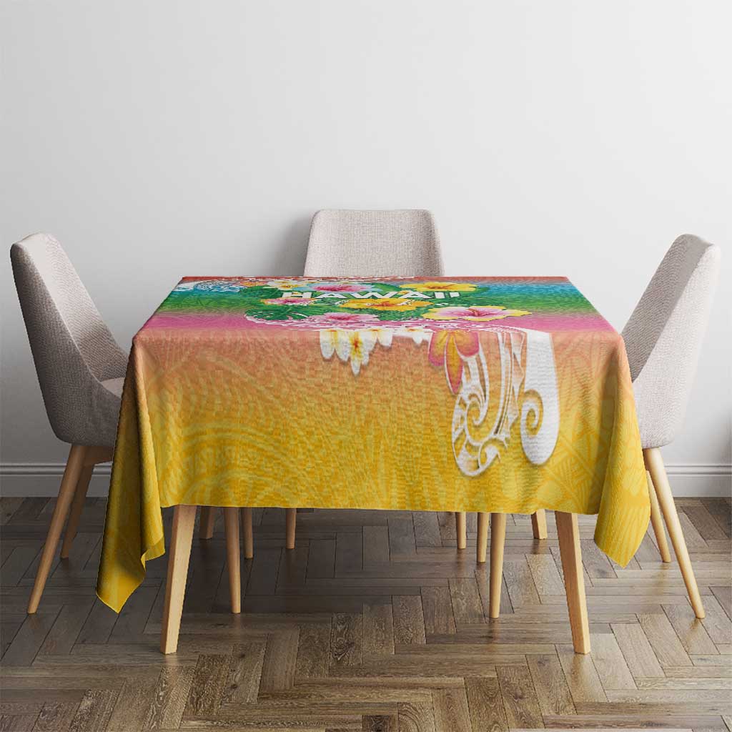 Hawaii Aloha Tropical Leaves and Flower Tablecloth with Polynesian Art Tattoo Rainbow Color - Polynesian Pride