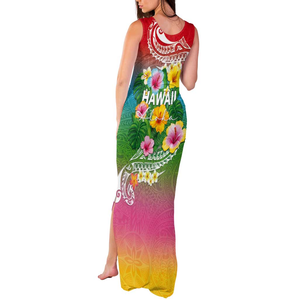 Hawaii Aloha Tropical Leaves and Flower Tank Maxi Dress with Polynesian Art Tattoo Rainbow Color - Polynesian Pride