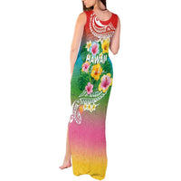 Hawaii Aloha Tropical Leaves and Flower Tank Maxi Dress with Polynesian Art Tattoo Rainbow Color - Polynesian Pride