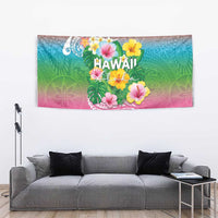 Hawaii Aloha Tropical Leaves and Flower Tapestry with Polynesian Art Tattoo Rainbow Color - Polynesian Pride