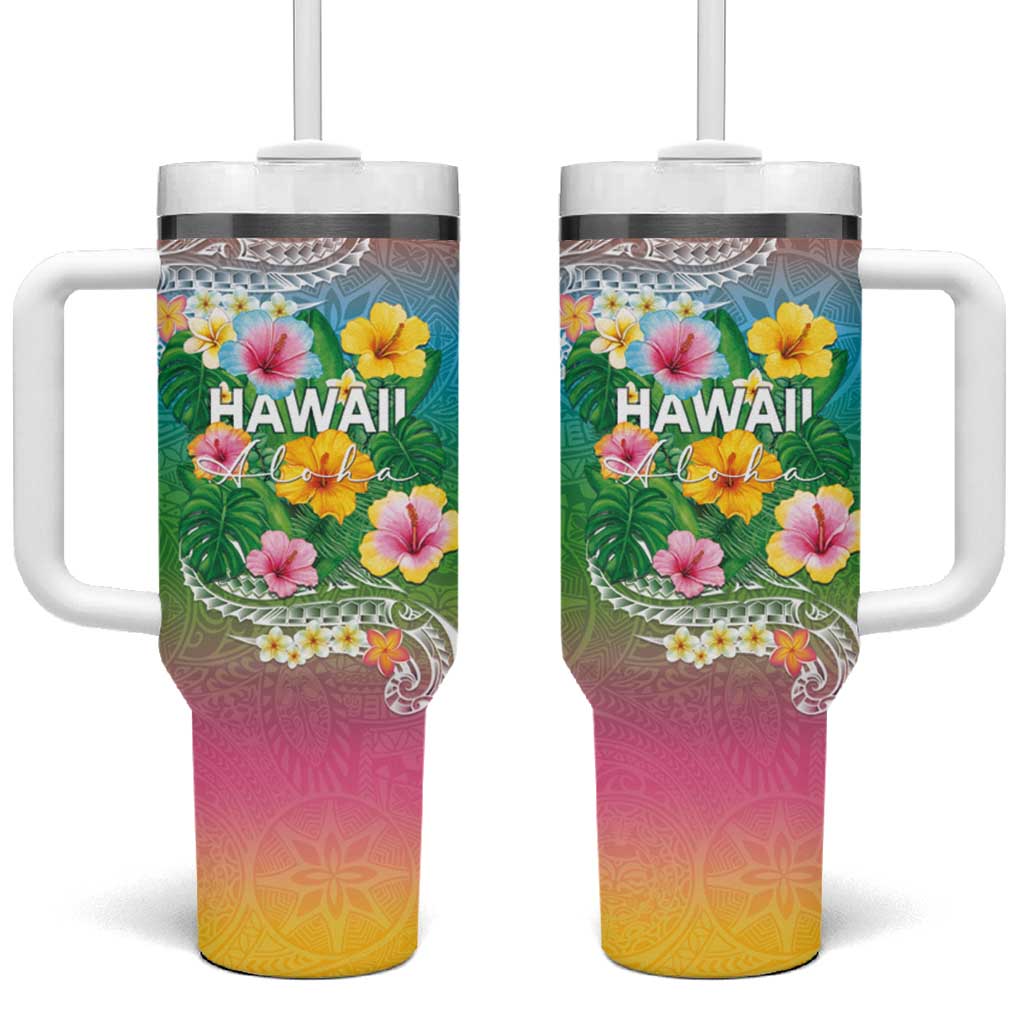 Hawaii Aloha Tropical Leaves and Flower Tumbler With Handle with Polynesian Art Tattoo Rainbow Color - Polynesian Pride