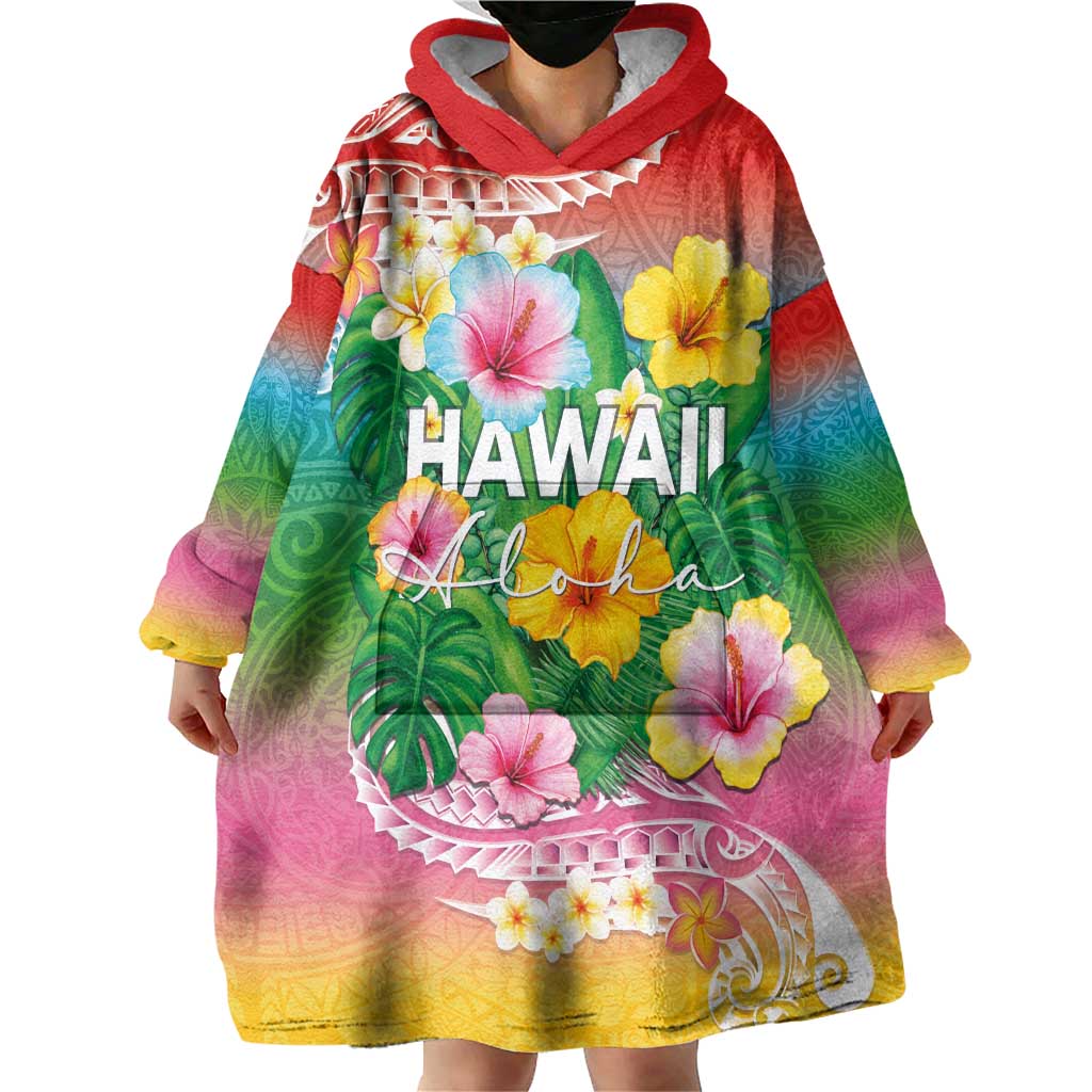 Hawaii Aloha Tropical Leaves and Flower Wearable Blanket Hoodie with Polynesian Art Tattoo Rainbow Color - Polynesian Pride