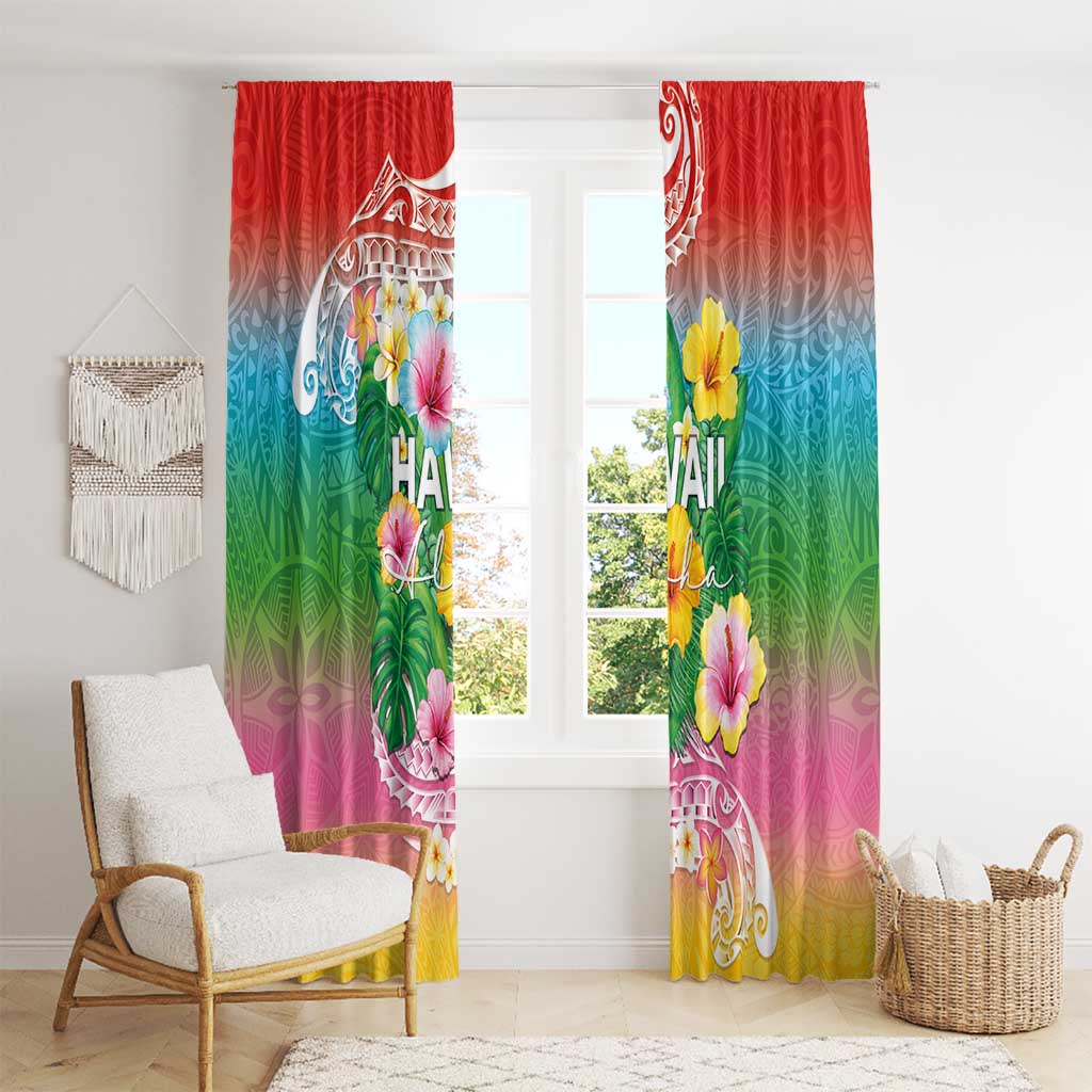 Hawaii Aloha Tropical Leaves and Flower Window Curtain with Polynesian Art Tattoo Rainbow Color - Polynesian Pride