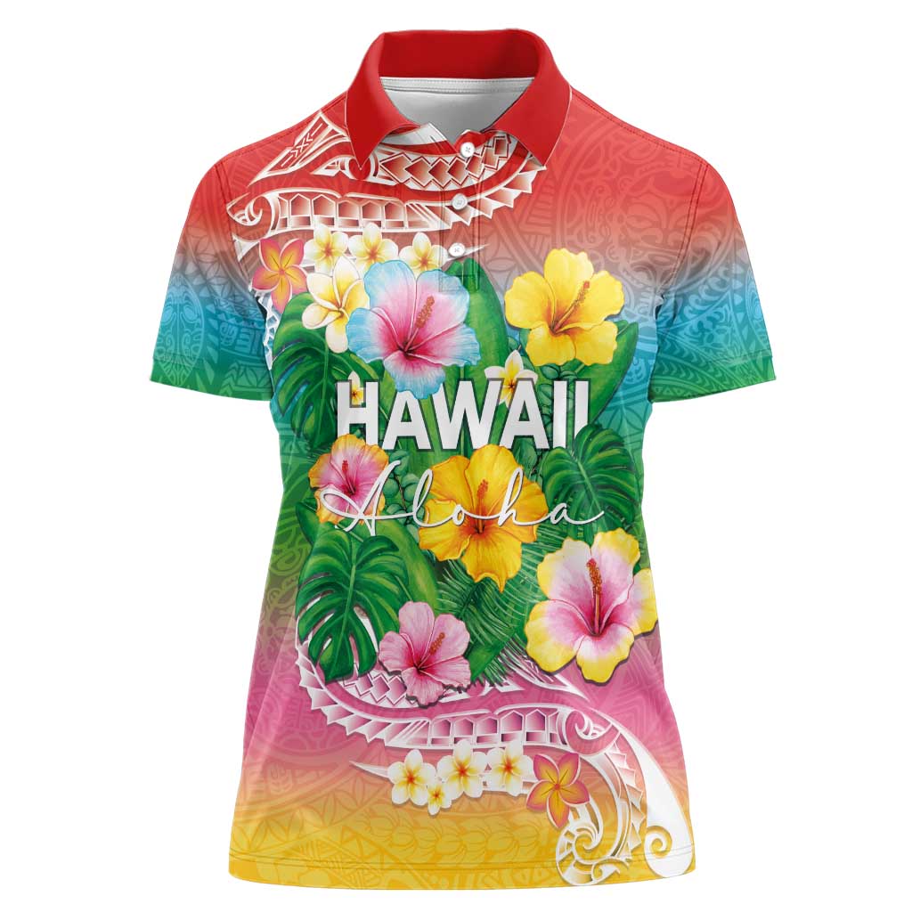 Hawaii Aloha Tropical Leaves and Flower Women Polo Shirt with Polynesian Art Tattoo Rainbow Color - Polynesian Pride