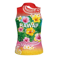 Hawaii Aloha Tropical Leaves and Flower Women Sleeveless Polo Shirt with Polynesian Art Tattoo Rainbow Color - Polynesian Pride