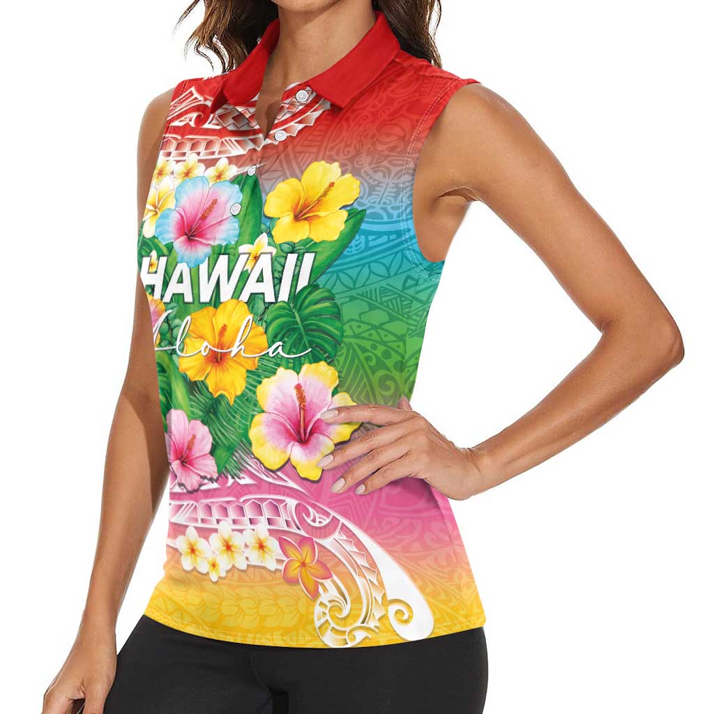 Hawaii Aloha Tropical Leaves and Flower Women Sleeveless Polo Shirt with Polynesian Art Tattoo Rainbow Color - Polynesian Pride
