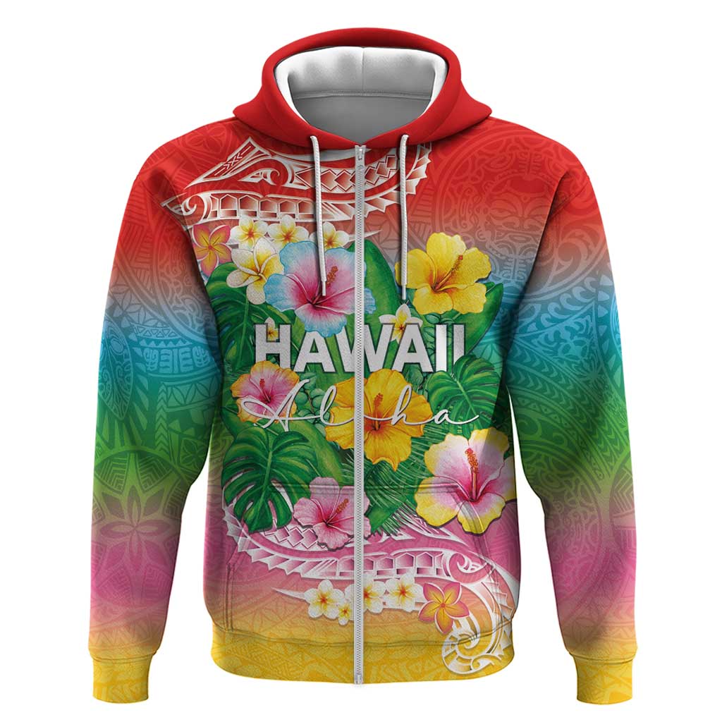 Hawaii Aloha Tropical Leaves and Flower Zip Hoodie with Polynesian Art Tattoo Rainbow Color - Polynesian Pride