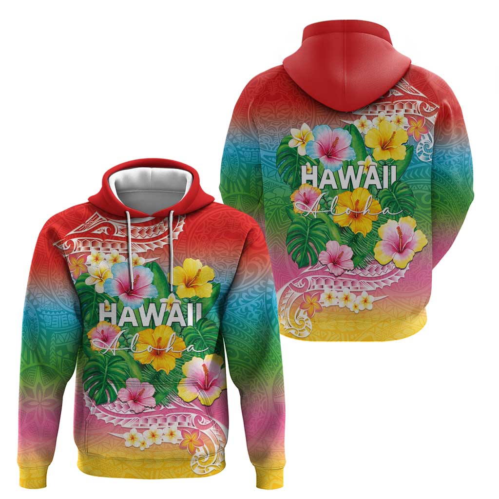 Hawaii Aloha Tropical Leaves and Flower Zip Hoodie with Polynesian Art Tattoo Rainbow Color - Polynesian Pride