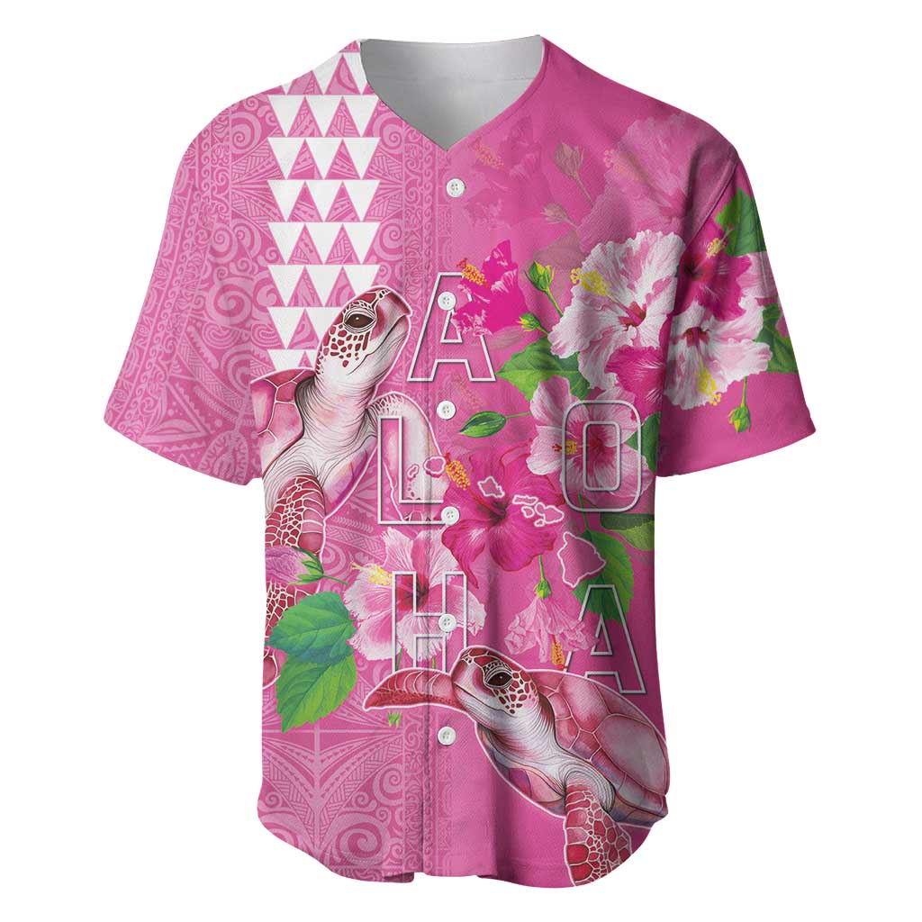Hawaii Aloha Turtle Hibiscus and Leaves Baseball Jersey with Polynesian and Kakau Tattoos Rose Color - Polynesian Pride