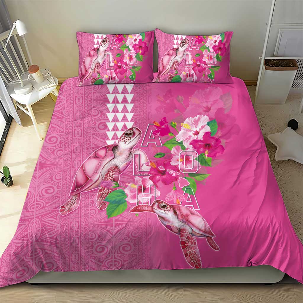 Hawaii Aloha Turtle Hibiscus and Leaves Bedding Set with Polynesian and Kakau Tattoos Rose Color - Polynesian Pride