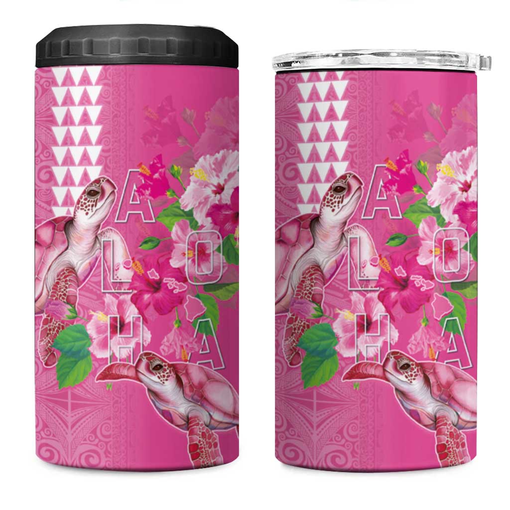 Hawaii Aloha Turtle Hibiscus and Leaves 4 in 1 Can Cooler Tumbler with Polynesian and Kakau Tattoos Rose Color - Polynesian Pride