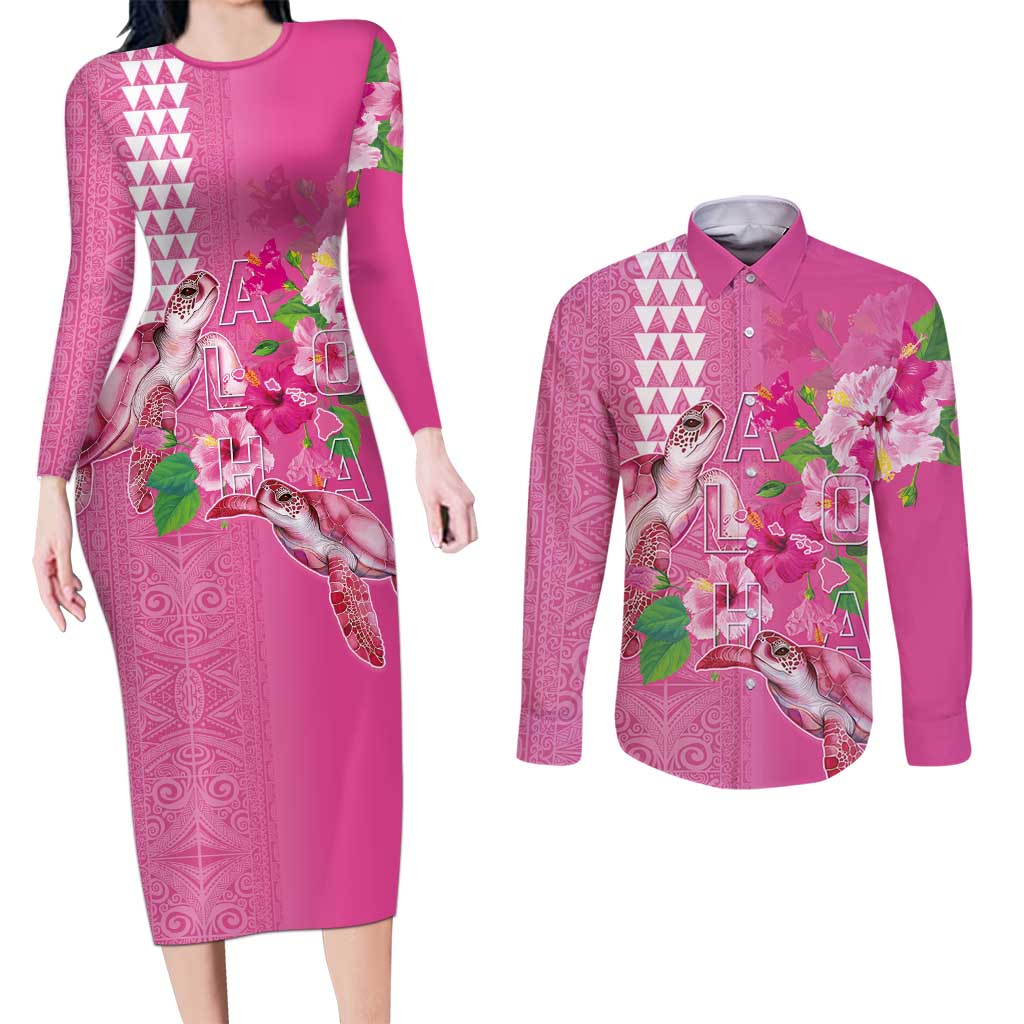 Hawaii Aloha Turtle Hibiscus and Leaves Couples Matching Long Sleeve Bodycon Dress and Long Sleeve Button Shirt with Polynesian and Kakau Tattoos Rose Color - Polynesian Pride