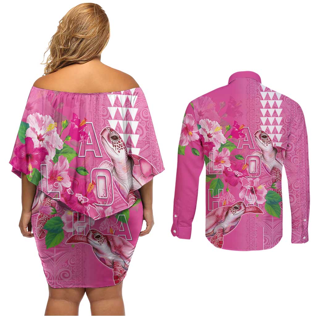 Hawaii Aloha Turtle Hibiscus and Leaves Couples Matching Off Shoulder Short Dress and Long Sleeve Button Shirt with Polynesian and Kakau Tattoos Rose Color LT03 - Polynesian Pride