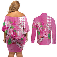 Hawaii Aloha Turtle Hibiscus and Leaves Couples Matching Off Shoulder Short Dress and Long Sleeve Button Shirt with Polynesian and Kakau Tattoos Rose Color LT03 - Polynesian Pride