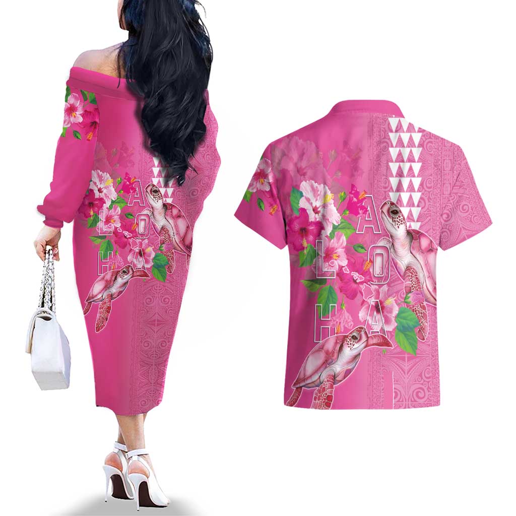 Hawaii Aloha Turtle Hibiscus and Leaves Couples Matching Off The Shoulder Long Sleeve Dress and Hawaiian Shirt with Polynesian and Kakau Tattoos Rose Color - Polynesian Pride