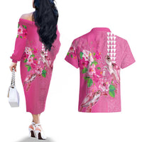 Hawaii Aloha Turtle Hibiscus and Leaves Couples Matching Off The Shoulder Long Sleeve Dress and Hawaiian Shirt with Polynesian and Kakau Tattoos Rose Color - Polynesian Pride