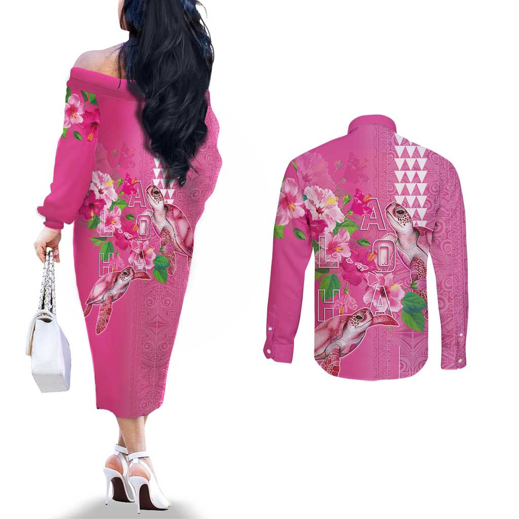 Hawaii Aloha Turtle Hibiscus and Leaves Couples Matching Off The Shoulder Long Sleeve Dress and Long Sleeve Button Shirt with Polynesian and Kakau Tattoos Rose Color - Polynesian Pride