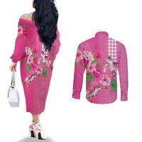 Hawaii Aloha Turtle Hibiscus and Leaves Couples Matching Off The Shoulder Long Sleeve Dress and Long Sleeve Button Shirt with Polynesian and Kakau Tattoos Rose Color - Polynesian Pride