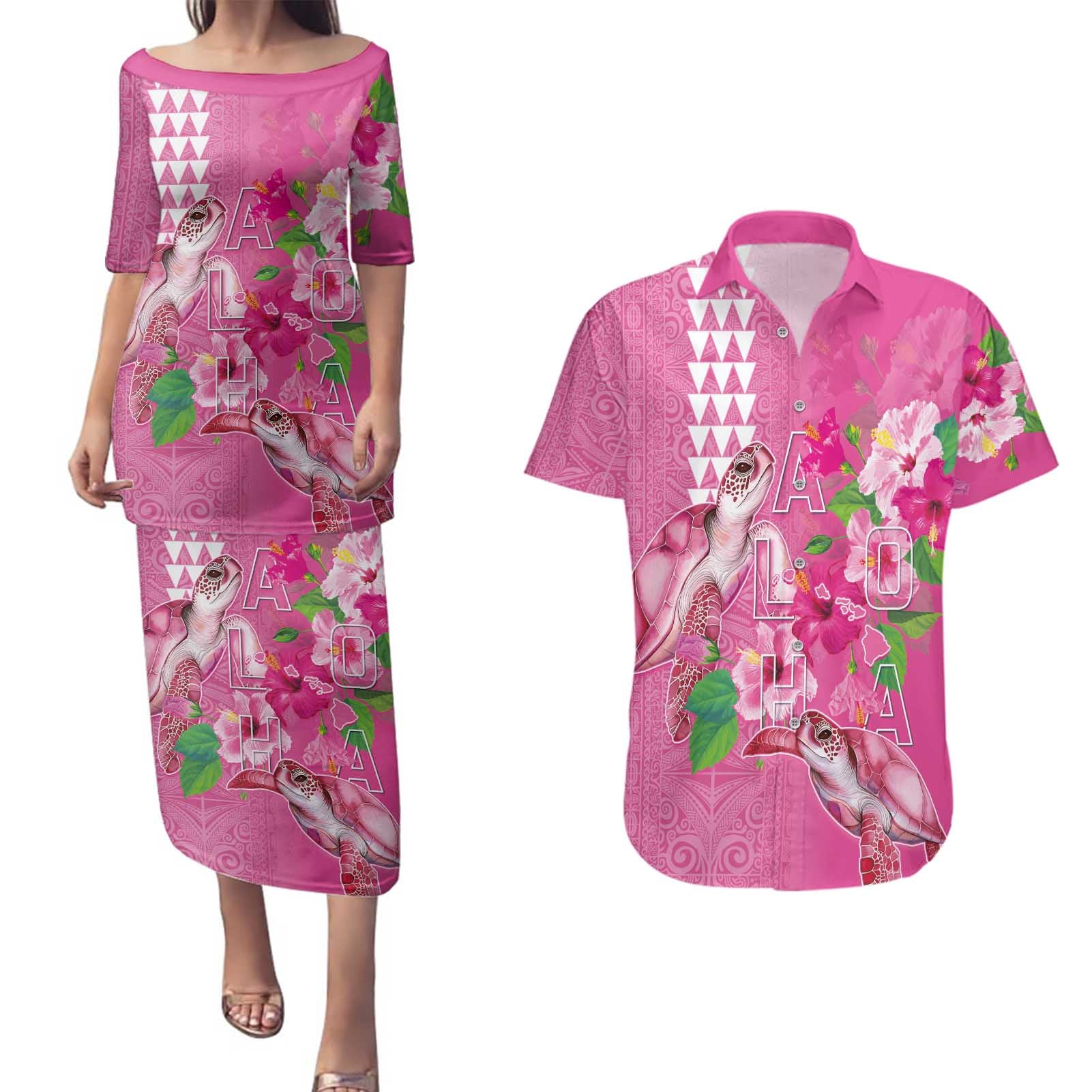 Hawaii Aloha Turtle Hibiscus and Leaves Couples Matching Puletasi and Hawaiian Shirt with Polynesian and Kakau Tattoos Rose Color - Polynesian Pride
