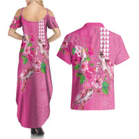 Hawaii Aloha Turtle Hibiscus and Leaves Couples Matching Summer Maxi Dress and Hawaiian Shirt with Polynesian and Kakau Tattoos Rose Color - Polynesian Pride