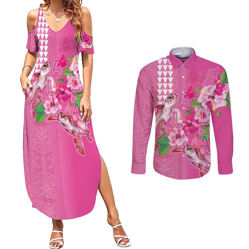 Hawaii Aloha Turtle Hibiscus and Leaves Couples Matching Summer Maxi Dress and Long Sleeve Button Shirt with Polynesian and Kakau Tattoos Rose Color - Polynesian Pride